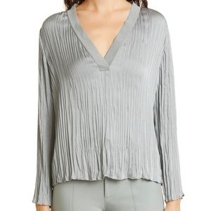 NWT Vince. Crushed Satin Pleat Light Slate V-Neck Top